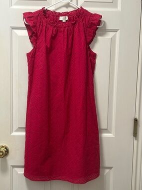 NWT LOFT Bright Pink Eyelet Ruffle-Sleeve Shift Dress